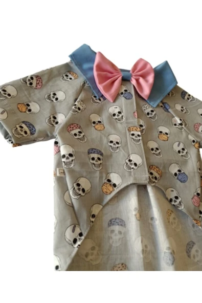 Gobo Kuru Kafa Desenli Papyonlu Gri Kedi Köpek Kıyafeti Elbisesi Large/L/Beden 3 - 4