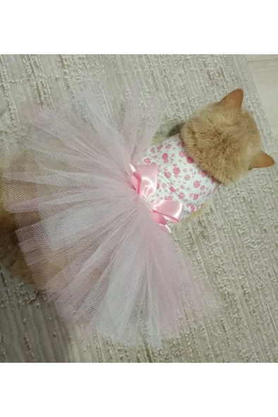 Gobo Pembe Çiçekli Fiyonklu Beyaz Kedi/Köpek Elbisesi Medium/M/Beden 2 ürün görseli 1