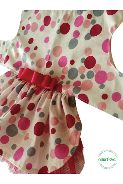 Gobo Şirin Puantiyeli Beyaz Kedi Köpek Kıyafeti Elbisesi Fuşya Fiyonklu Large/L/Beden 3 - Resim 6