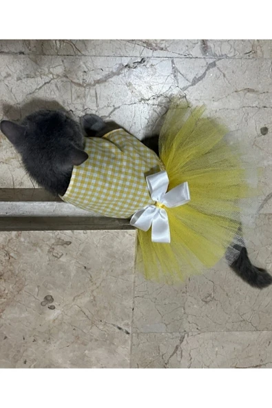 Gobo Sarı Beyaz Kareli Tüllü Fiyonklu Kedi Köpek Kıyafeti Elbisesi - Resim 2