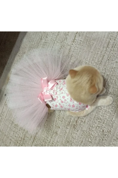 Gobo Pembe Çiçekli Fiyonklu Beyaz Kedi/Köpek Elbisesi Large/L/Beden 3 ürün görseli 1