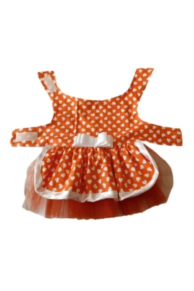 Gobo Beyaz Kalp Desenli Fiyonklu Turuncu Kedi Köpek Kıyafeti Elbisesi - Resim 4