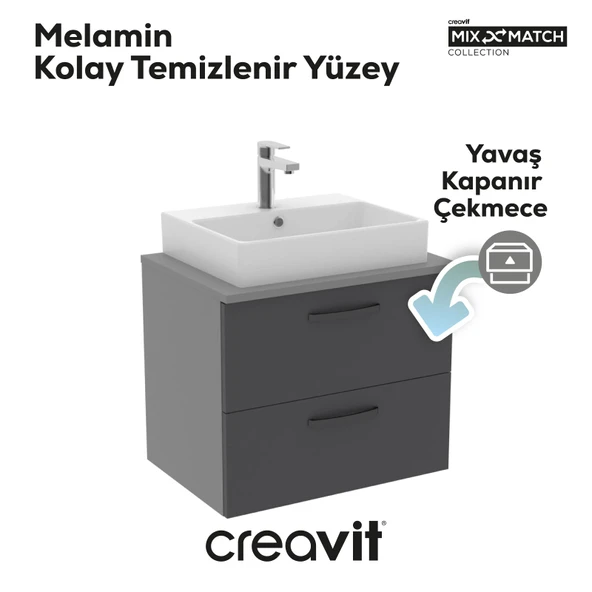 D10 Next Lavabo Dolabı İki Çekmeceli 65 cm Gri Gövde Antrasit Kapak - Resim 3