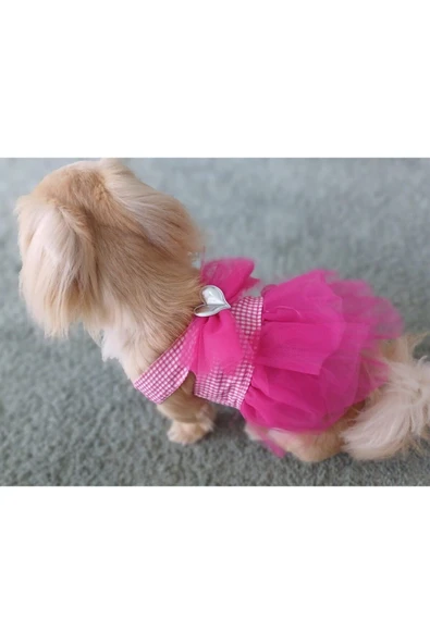 Gobo Pembe Kareli Kalpli Tüllü Kedi Köpek Kıyafeti Elbisesi XS/XSMALL/Beden 0 ürün görseli 1