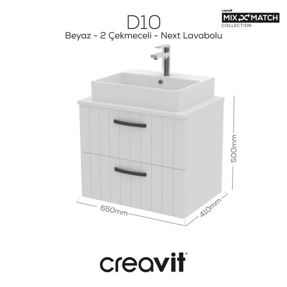 D10 Next Lavabo Dolabı İki Çekmeceli 65 cm Beyaz Lake Kapak ürün görseli 1
