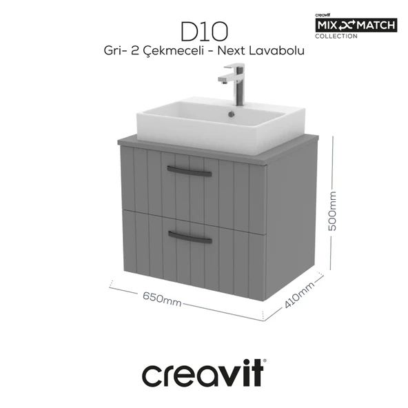 D10 Next Lavabo Dolabı İki Çekmeceli 65 cm Gri Lake Kapak ürün görseli 1