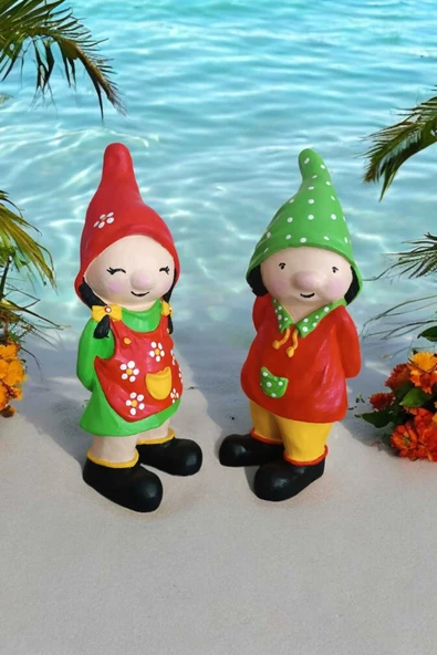 Gobo 2'li Set Dekoratif Bahçe Ve Balkon Cüceleri Farklı Renklerde Seramik Tozu El Boyaması (24X10 CM) - Resim 5