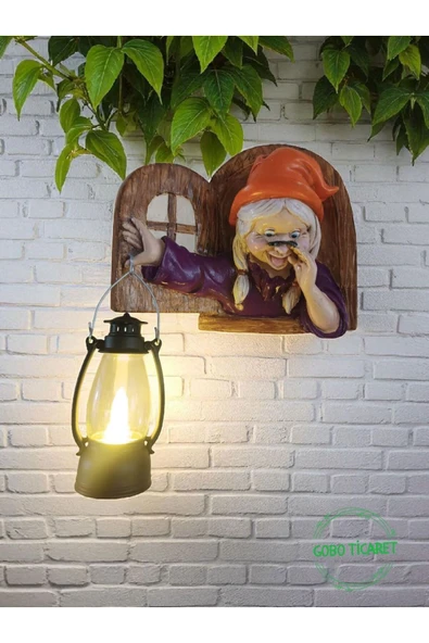 Gobo Fenerli Dekoratif Cüce Figürlü Dede ve Nine 2li Set Duvar ve Kapı Lambası–LED Işıklı (Renk Seçeneği) - Resim 4