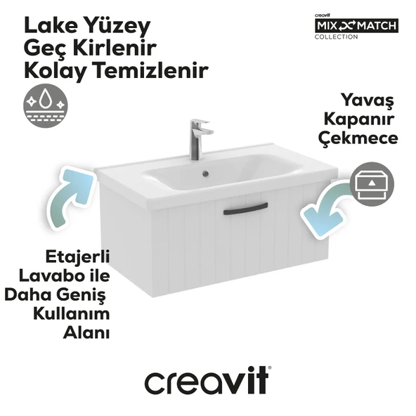 D10 Eksen Lavabo Dolabı Çekmeceli 80 cm Beyaz Lake - Resim 3