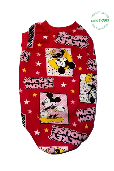 Goboticaret Kırmızı Mickey Mouse Desenli Kedi Köpek Kıyafeti Elbisesi Kırmızı Kollu - Resim 2