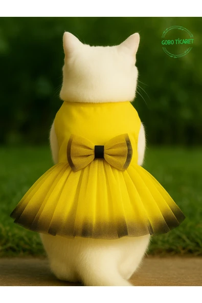 Gobo Sarı-Siyah Kurdeleli Sarı Kedi Köpek Kıyafeti Elbisesi XSMALL/XS/Beden 0 ürün görseli 1