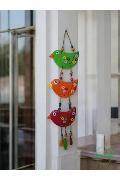 Gobo 3'lü El Boyaması Dekoratif Kuş Duvar ve Balkon Süsü–Boncuklu & İpli-Farklı Renk Seçenekleri 45x12 cm - Resim 2
