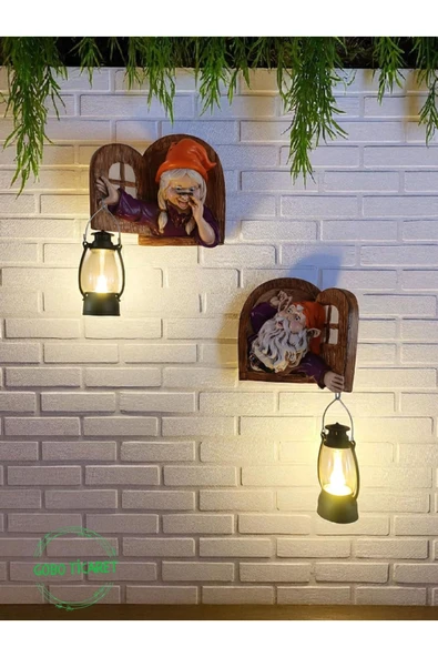 Gobo Fenerli Dekoratif Cüce Figürlü Dede ve Nine 2li Set Duvar ve Kapı Lambası–LED Işıklı (Renk Seçeneği) ürün görseli 1