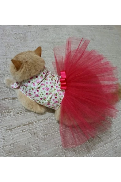 Gobo Pembe Çiçekli Kurdeleli Tüllü Beyaz Kedi ve Köpek Kıyafeti Elbisesi Large/L/beden 3 ürün görseli 1
