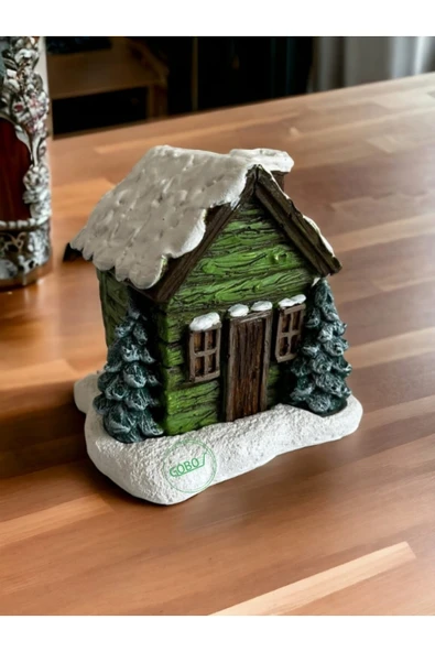 Gobo 2 Adet Yeşil Renkli Kar Efektli Ev Şeklindeki Yılbaşı Temalı El Boyaması Tütsülük Seramik Tozu - Resim 4