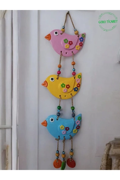 Gobo 3'lü El Boyaması Dekoratif Kuş Duvar ve Balkon Süsü–Boncuklu & İpli-Farklı Renk Seçenekleri 45x12 cm - Resim 2