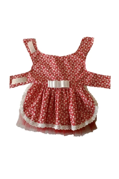 Gobo Beyaz Çiçek Desenli Fiyonklu Kırmızı Kedi Köpek Kıyafeti Elbisesi - Resim 7