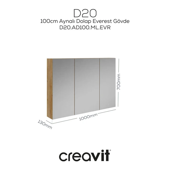 D20 100 Cm Everest Aynalı Dolap Melamin Gövde