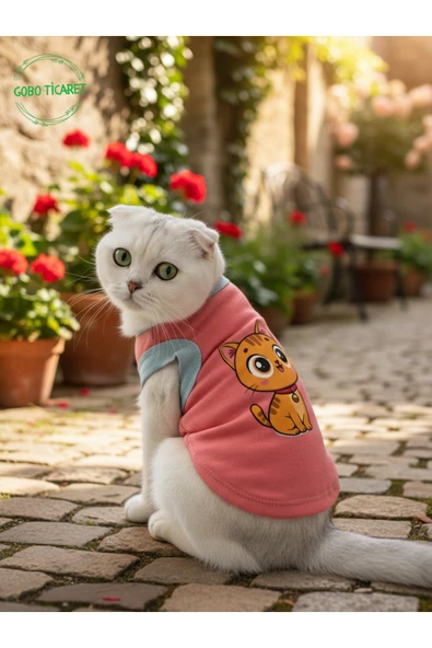 Gobo Şeker Pembe Renkli Kedi ve Köpek Kıyafeti Elbisesi Sarı Kedi Baskılı Large/L/Beden 3 - Resim 4