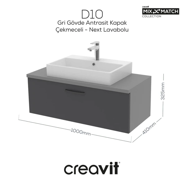 D10 Next Lavabo Dolabı Çekmeceli 100 cm Gri Gövde Antrasit Kapak ürün görseli