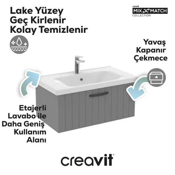 D10 Eksen Lavabo Dolabı Çekmeceli 80 cm Gri Lake - Resim 2