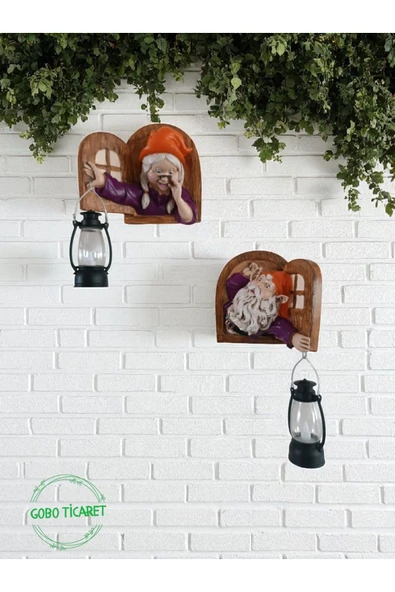 Gobo Fenerli Dekoratif Cüce Figürlü Dede ve Nine 2li Set Duvar ve Kapı Lambası–LED Işıklı (Renk Seçeneği) - Resim 2