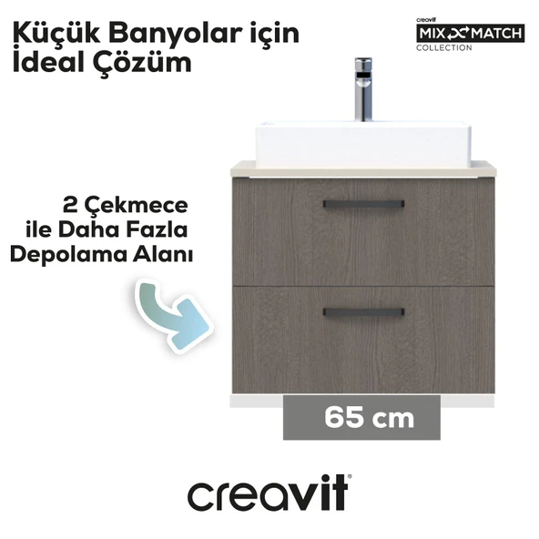 D10 Next Lavabo Dolabı İki Çekmeceli 65 cm Dafne Gövde Antrasit Meşe Kapak - Resim 2