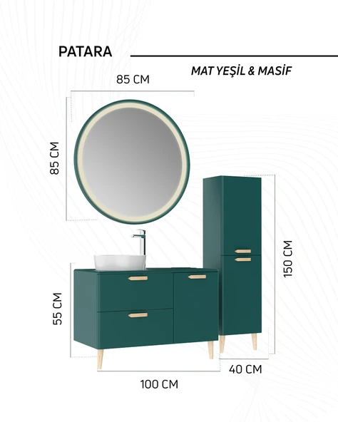 Patara Lavabo Dolabı 100cm Mat Yeşil ürün görseli
