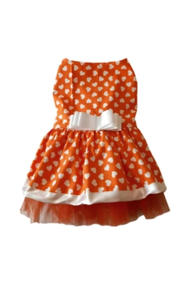 Gobo Beyaz Kalp Desenli Fiyonklu Turuncu Kedi Köpek Kıyafeti Elbisesi Small/s/beden 1 - Resim 5