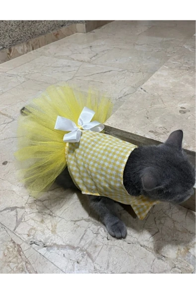 Gobo Sarı Beyaz Kareli Tüllü Kedi Köpek Kıyafeti Elbisesi Small/S/Beden 1 ürün görseli 1