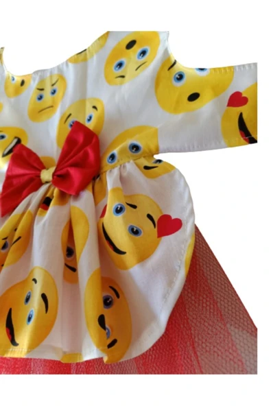 Gobo Emoji Desenli Kırmızı Papyonlu Beyaz Dişi Kedi Köpek Kıyafeti Elbisesi XSmall/XS/Beden 0 - Resim 4