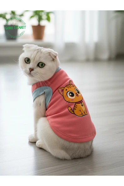 Gobo Şeker Pembe Renkli Kedi ve Köpek Kıyafeti Elbisesi Sarı Kedi Baskılı Medium/M/Beden 2 - Resim 5