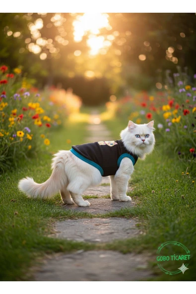 Gobo Siyah Kışlık Kedi Köpek Kıyafeti Sarı Kedi Baskılı Kışlık Siyah Elbise - Resim 4