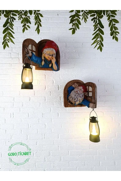 Gobo Fenerli Dekoratif Cüce Figürlü Dede ve Nine 2li Set Duvar ve Kapı Lambası–LED Işıklı (Renk Seçeneği) ürün görseli 1