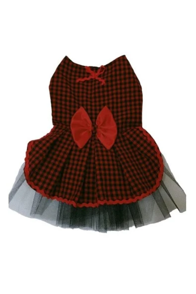 Gobo Kırmızı Siyah Kareli Papyonlu Dişi Kedi Köpek Kıyafeti Elbisesi - Resim 7