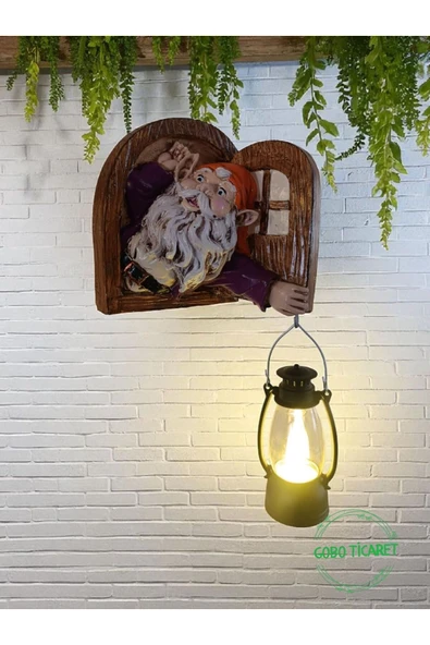 Gobo Fenerli Dekoratif Cüce Figürlü Dede ve Nine 2li Set Duvar ve Kapı Lambası–LED Işıklı (Renk Seçeneği) - Resim 5