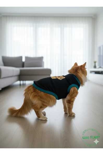 Gobo Sarı Kedi Baskılı Kışlık Siyah Kedi Köpek Kıyafeti Elbisesi SMALL/S/Beden 1 - 3