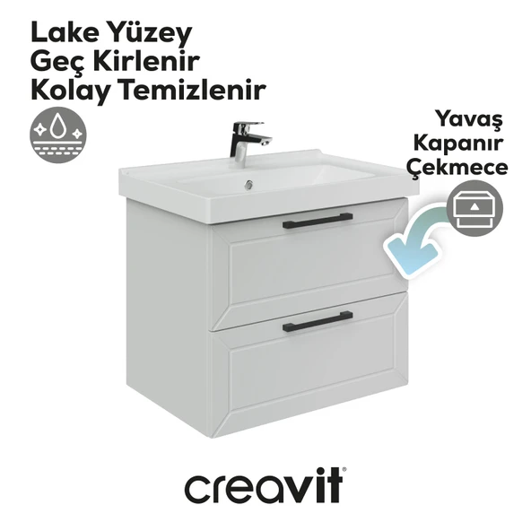 D20 65 Cm İki Çelmeceli Lavabo Dolabı Beyaz Lake Kapak - Resim 4