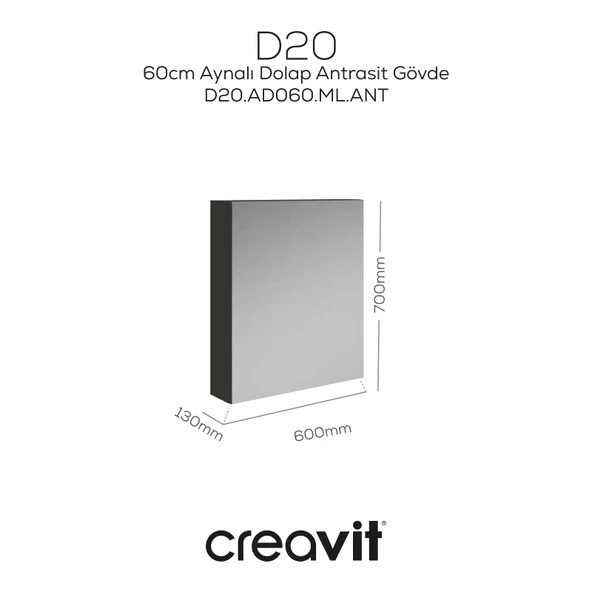 D20 60 Cm Melamin Aynalı Dolap Antrasit