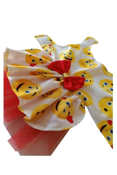Gobo Emoji Desenli Kırmızı Papyonlu Beyaz Dişi Kedi Köpek Kıyafeti Elbisesi Medium/M/Beden 2 - 3