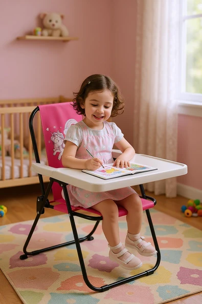 EXENT 2–6 Yaş, Katlanabilir Çocuk Sandalyesi ve Masası Tak-Çıkar Masa-Rainbow Unicorn-PEMBE