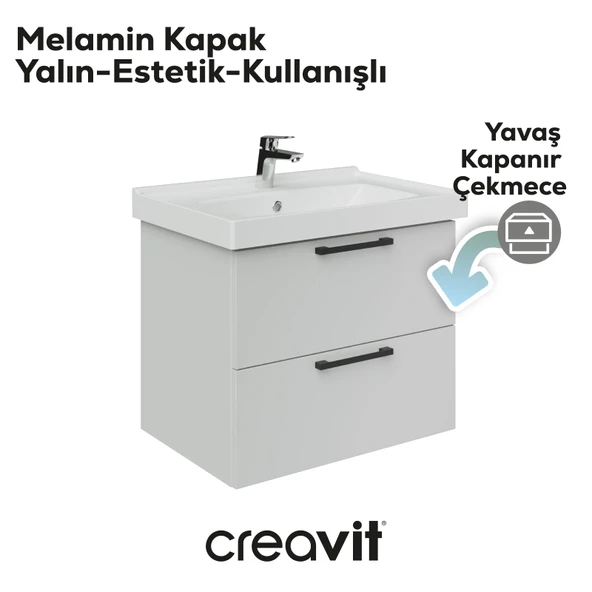 D20 65 Cm İki Çelmeceli Lavabo Dolabı Beyaz Melamin Kapak (Demonte) - Resim 4