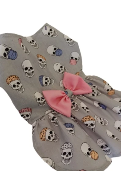 Gobo Kuru Kafa Desenli Pembe Papyonlu Tüllü Gri Dişi Kedi Köpek Kıyafeti Elbisesi Medium/M/Beden 2 - 2