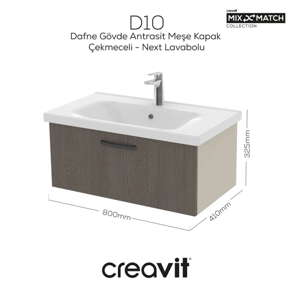 D10 Eksen Lavabo Dolabı Çekmeceli 80 cm Dafne Gövde Antrasit Meşe Kapak ürün görseli 1