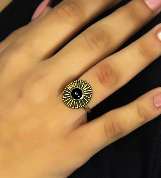 Doğal Taş Oniks Yuvarlak Doğal Taşlı Antik Model Kadın Ayarlanabillir Yüzük euy70o - Resim 2