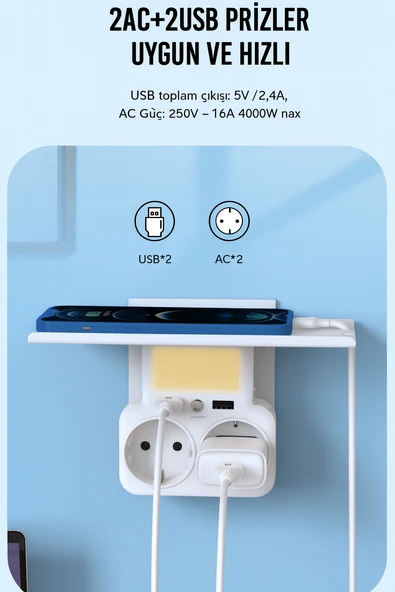 WL09  2 USB  2 Priz Çoklu Şarj Adaptörü  4000W Güç Akıllı Güvenli Şarj Ünitesi Ve Gece Işığı - 2