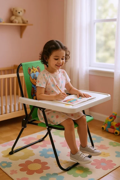 EXENT 2–6 Yaş, Katlanabilir Çocuk Sandalyesi ve Masası Tak-Çıkar Masa-Maskot Ayı-YEŞİL