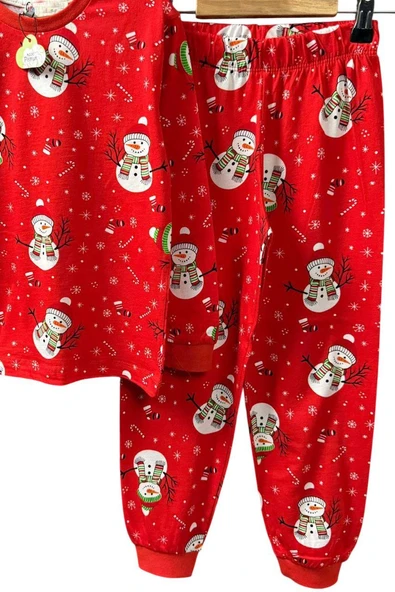 Erkek Çocuk Üzeri Kardan Adam ve Noel Baskılı Kırmızı Pijama Takımı - Resim 4