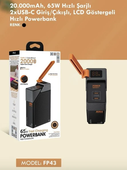 20000mAh 65W Hızlı Şarjlı Dijital Göstergeli Powerbank 2x Type-C Girişli Taşınabilir Şarj Cihazı - 6