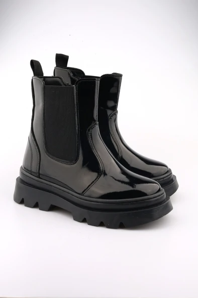 Yüksek Taban Lastikli Fermuarlı Rugan Siyah Çocuk Bot - 4